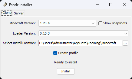 Fabric Installer with "Install" highlighted