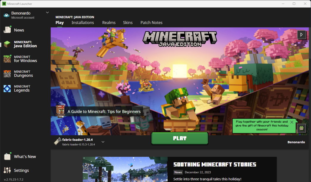 Minecraft Launcher with Fabric profile selected