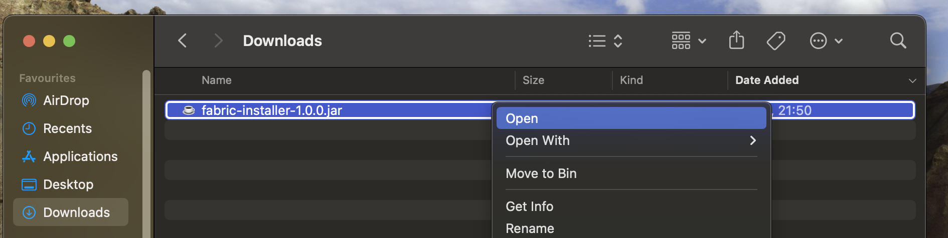 MacOS Kontextmenü im Fabric-Installer